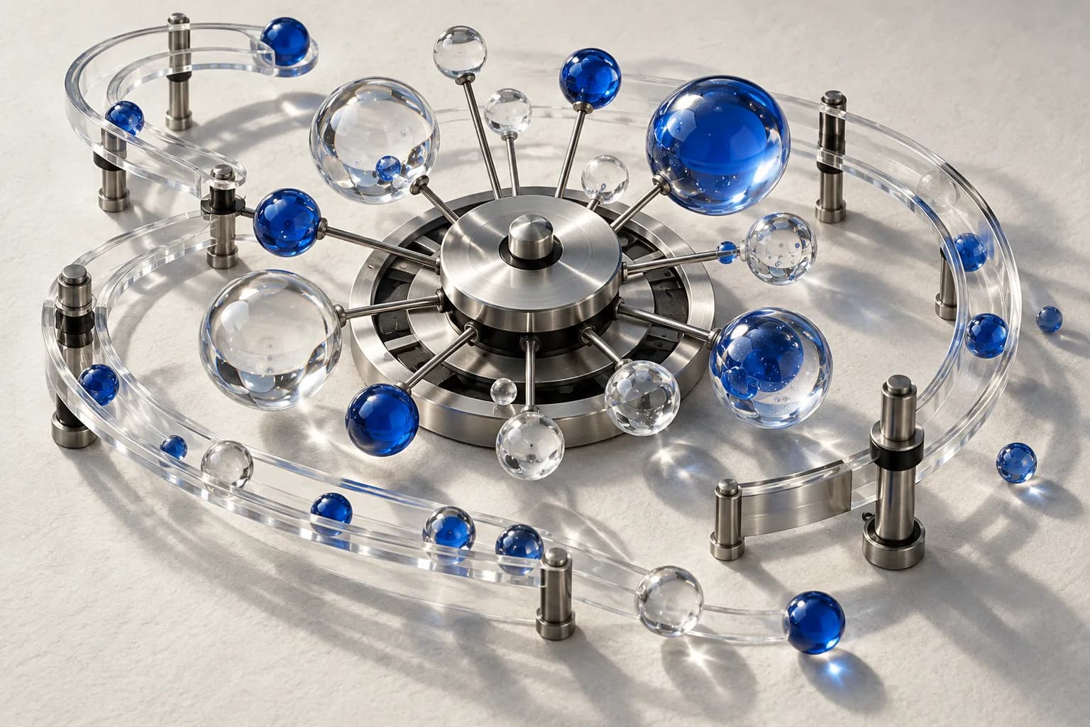 Glass bubbles orbiting a brushed metal spinner through clear curved tracks