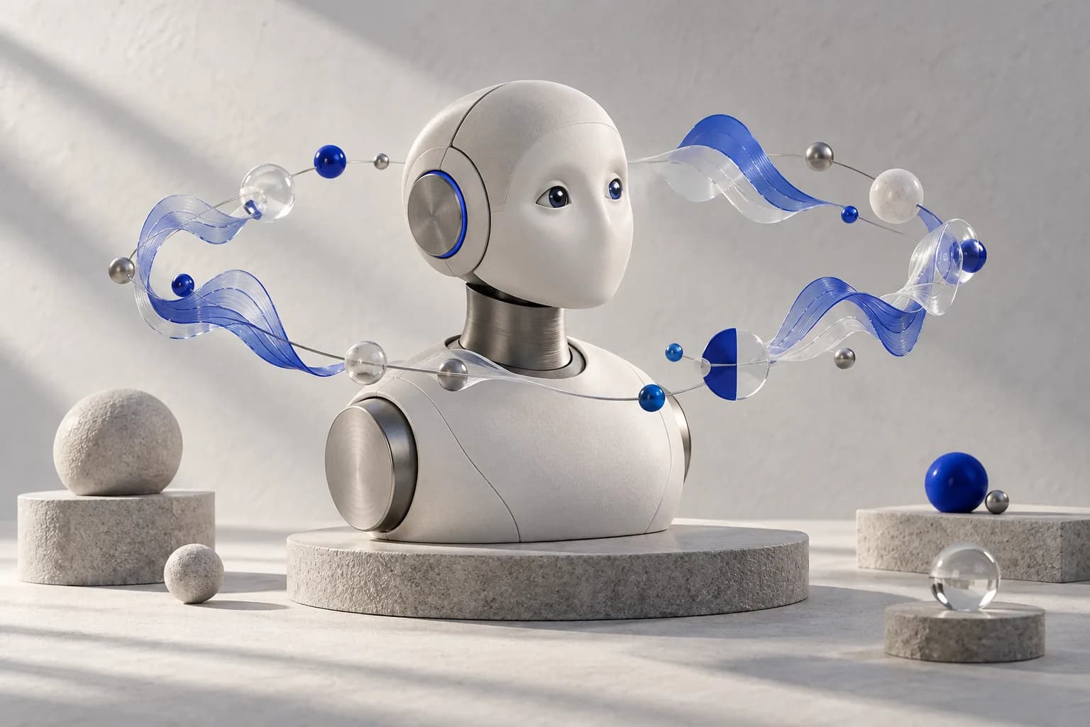 Abstract social robot surrounded by flowing speech waves and semantic nodes