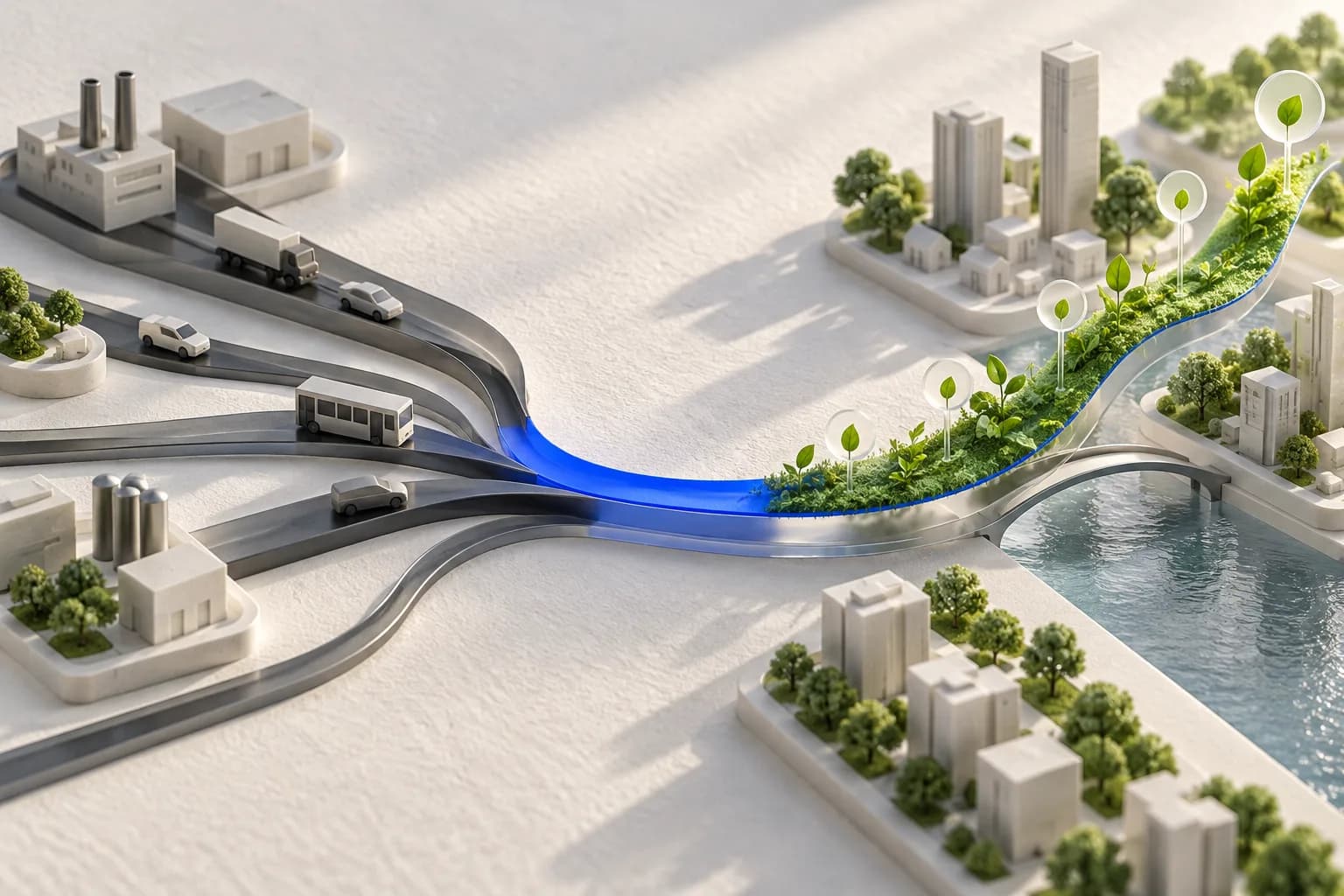 Urban transport routes converging into a blue and green sustainable path