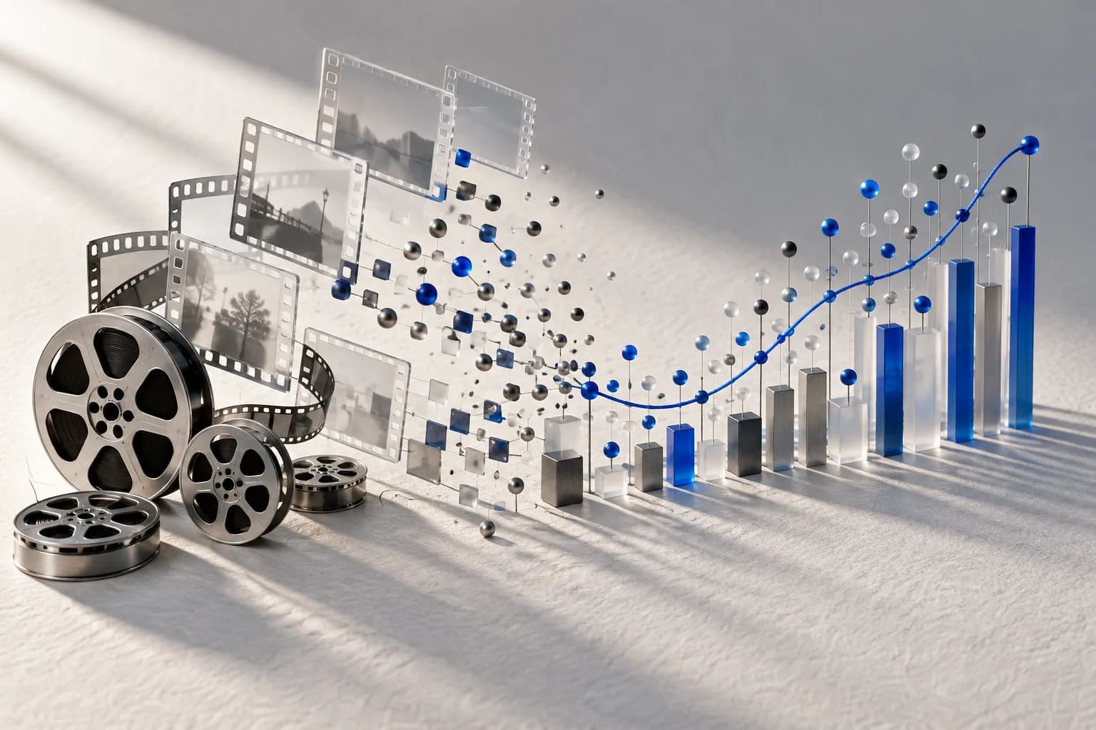 Film frames transforming into an analytical constellation and rising trend line